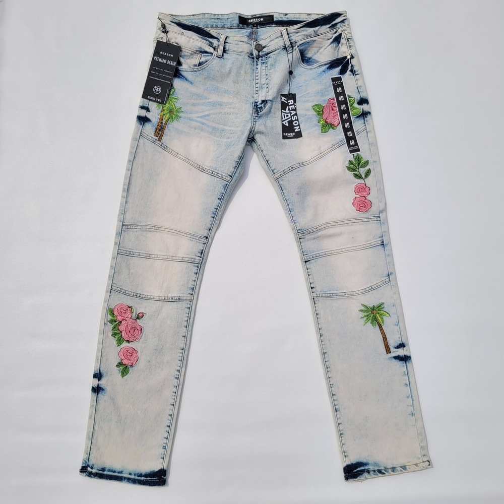 Reason Brand Jeans‎ Men 40 Blue Denim Roses Palm Trees Patches Light Wash New